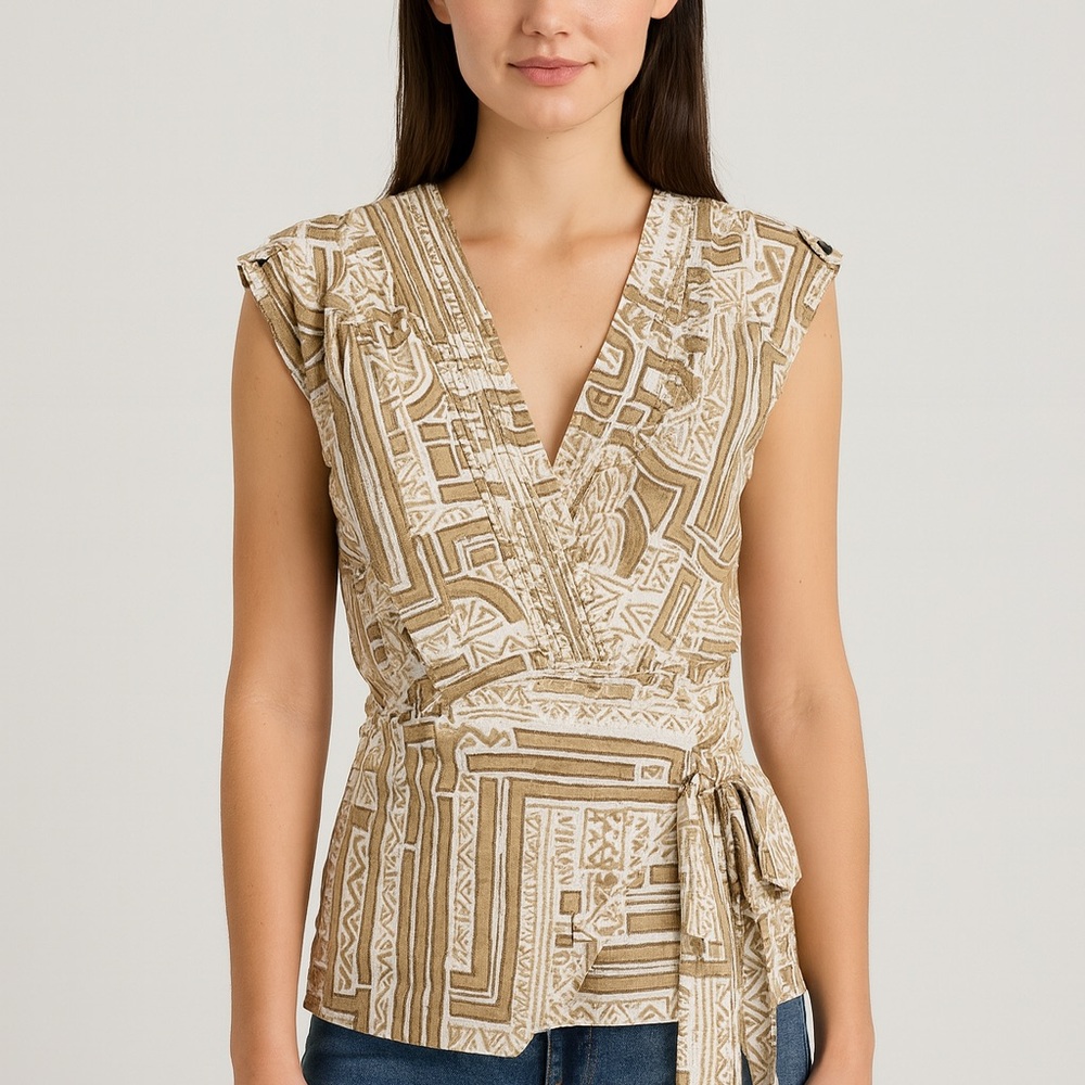 Anthropologie Cream Tan Wrap Tie Front Blouse